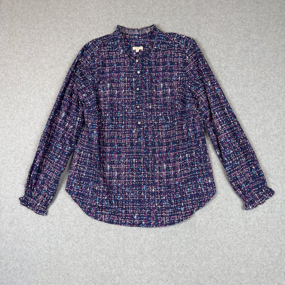 Talbots Womens L Galaxy Starburst Print Ruffle Neck Cotton Blouse Career Office